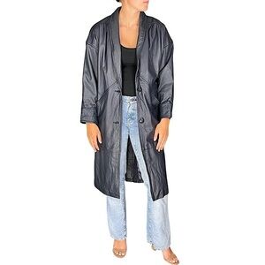 VINTAGE JACQUELINE FERRAR LEATHER NAVY BLUE OVERSIZED DROP SLEEVE 90S 80S JACKET